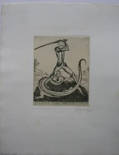 Sepp Frank (1889-1970) Exlibris Hl. Georg Drache San Jordi Radierung 1910 sign