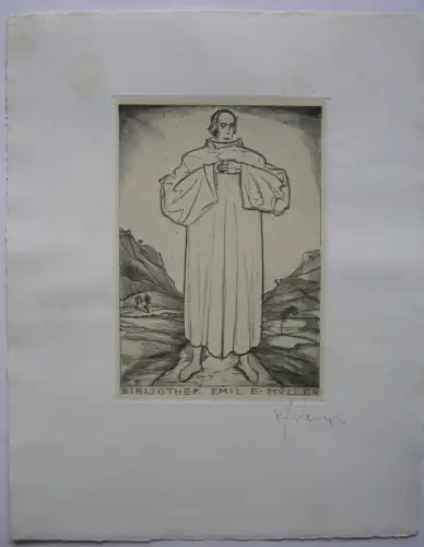 Sepp Frank (1889-1970) Exlibris mystischer Priester Radierung 1920 sig