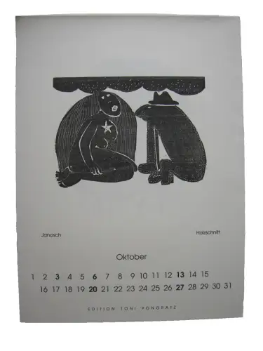 Janosch (1931)  zwei stilisierte Figuren  Orig Holzschnitt 1991