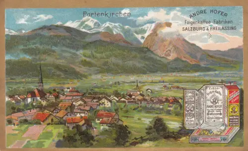 2 Werbekarten Andre Hofer Feigenkaffee Partenkirchen Eibsee Lithografien um 1885