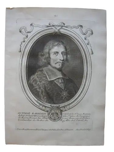N. II de Larmessin (1632-1694) Portrait Antonio Barberino Urbino Kupferst 1684