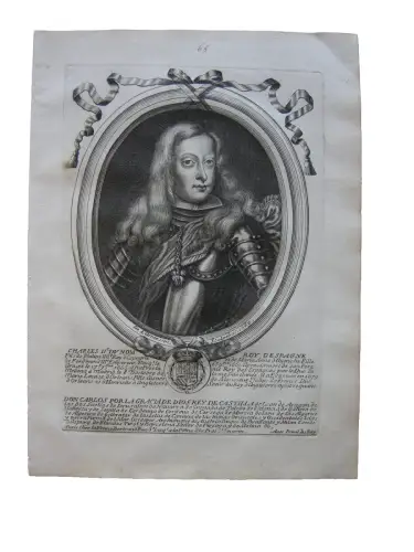 N. II de Larmessin (1632-1694) Portrait Karl II. König von Spanien Kupferst 1683