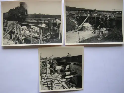 Bau einer Eisenbahnbrücke Dampflokomotive 3 Vintage Fotos ca. 1925