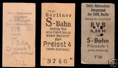 Drei Fahrkarten der Berliner S-Bahn / BVB, 1970er/80er