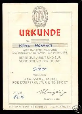 Urkunde, Sportabzeichen der DDR in Silber, 1976