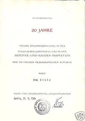 Urkunde, 20 Jahre Pflichterfüllung in der ABI, 1980