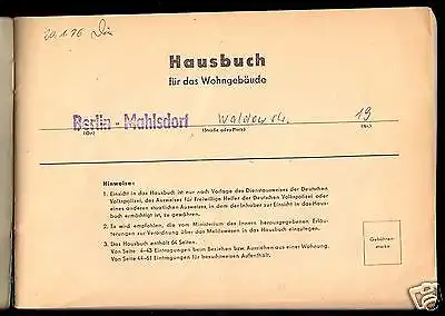 Hausbuch mit zahlreichen Eintragungen, Berlin Mahlsdorf, Waldowstr. 19, 1975