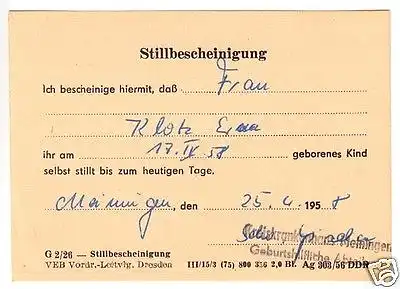 Ausweis für Schwangere und Wöchnerinnen, Weimar 1957, Stillbescheinigung 1958