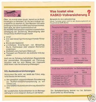 Werbefaltblatt, Staatliche Versicherung der DDR, Kfz-KASKO-Versicherung, 1985
