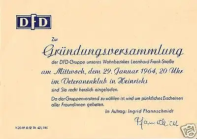 Einladung zur Gründungsversammlung einer DFD-Gruppe in Suhl - Heinrichs, 1964