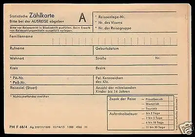 DDR-Grenzpassage, Zählkarte für die Ausreise, relativ frühe Variante aus 1977