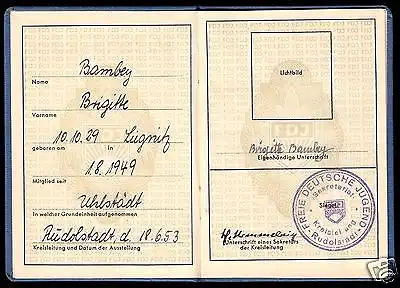 FDJ-Ausweis mit diversen Beitragsmarken, 1953-1955, Kreis Rudolstadt