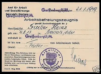 Arbeitsbefreiungszeugnis für Pastor, Arbeitsamt Angermünde, 1949, gesiegelt