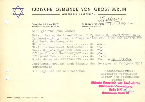 Zwei Dokumente, Jüdische Gemeinde von Gross - Berlin, Friedhof Weissensee, 1963