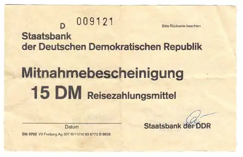 Mitnahmebescheinigung für 15 DM Reisezahlungsmittel, Staatsbank der DDR, 1986