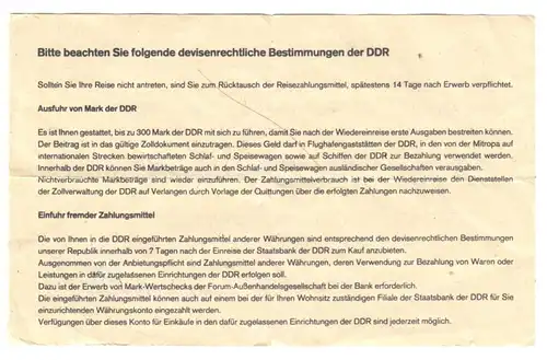 Mitnahmebescheinigung für 15 DM Reisezahlungsmittel, Staatsbank der DDR, 1986