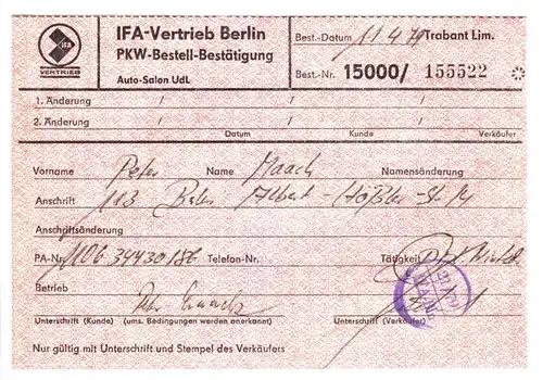 IFA-Vertrieb Berlin, PKW-Bestell-Bestätigung, Trabant Limosine, 11.4.79