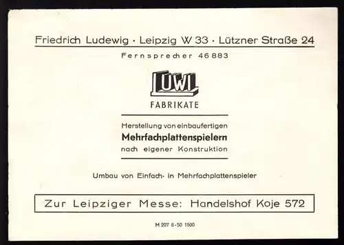 Werbeblatt der Fa. Friedrich Ludewig, Leipzig für Mehrfachplattenspieler, 1950