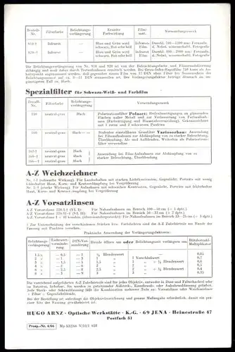 Werbeblatt, Foto-Optik Arnz, Jena, Fotografische Filter und Vorsatzlinsen, 1966