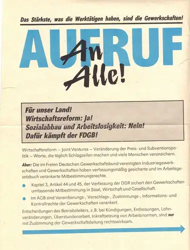 Flugblatt im Vorfeld des Außerordentlichen FDGB-Kongresses Anfang 1990