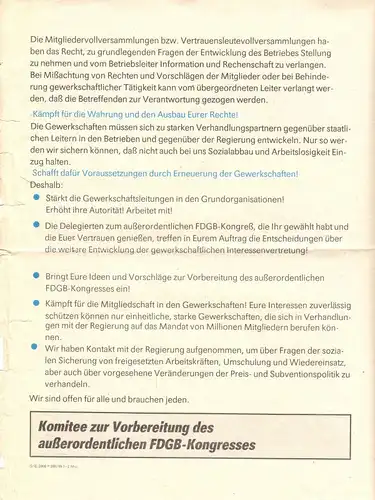 Flugblatt im Vorfeld des Außerordentlichen FDGB-Kongresses Anfang 1990