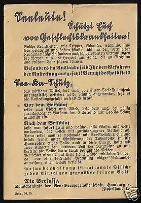 Seeleute, schützt euch vor Geschlechtskrankeiten!, Infoblatt d. "Seekasse", 1935
