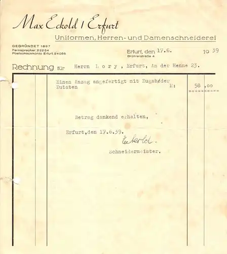 Rechnung, Fa. Max Eckold, Schneiderei, Erfurt, 1939