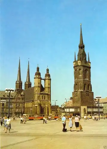 AK, Halle Saale, Markt mit Marktkirche und Rotem Turm, belebt, 1986