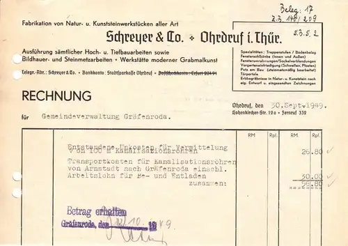 Rechnung, Fa. Schreyer & Co., Ohrdruf i. Thür., Bauunternehmen, 30.09.49