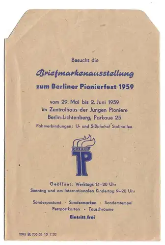 Werbetüte, Berlin Lichtenberg, Briefmarkenausstellung Pionierfest 1959