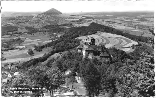 Ansichtskarte, Rechberg, Ruine Rechberg mit Blick zum Hohenstaufen, Luftbild, 1960