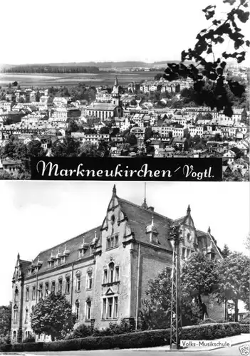 AK, Markneukirchen Vogtl., zwei Abb. - Teilansicht, Volks-Musikschule, 1977