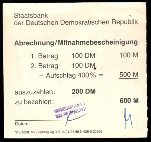 Umtausch und Mitnahmebescheinigung, Staatsbank der DDR, für 200 DM, 1989