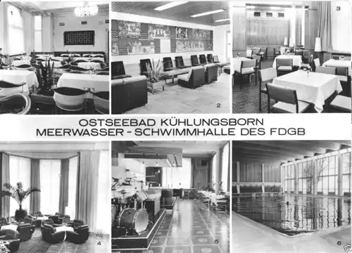 Ansichtskarte, Ostseebad Kühlungsborn, Meerwasser-Schwimmhalle des FDGB, sechs Abb., 1974