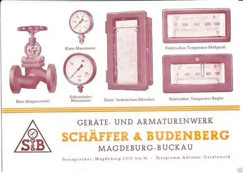 Werbezettel, Fa. Geräte und Armaturenwerk Schäfer & Budenberg, Magdeburg, 1948