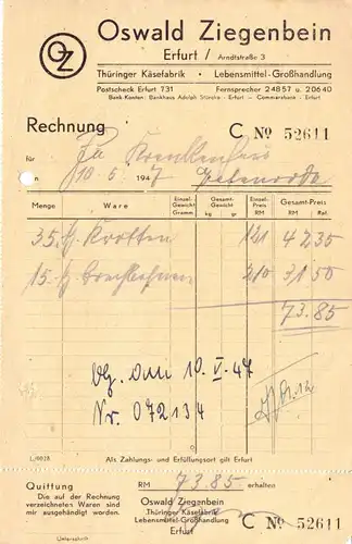 Rechnung, Fa. Oswald Ziegenbein, Erfurt, Thüringer Käsefabrik, 10.05.1947