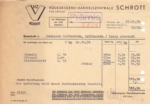 Prämienrechnung, Volkseigene Handelszentrale Schrott Erfurt, 21.12.1954