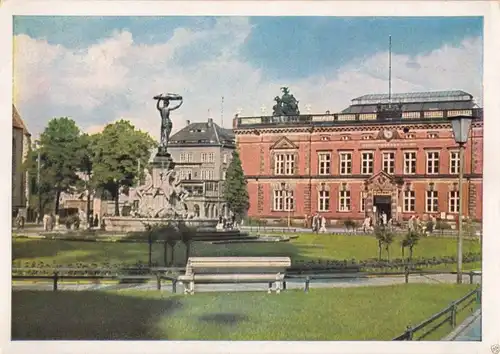 Ansichtskarte, Görlitz, Postplatz mit Kunstbrunnen, früher DDR-Farbdruck, 1951
