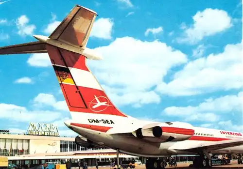 Ansichtskarte, Interflug der DDR, Flugzeug IL 62 in Moskau Schrermetjewo, 1970