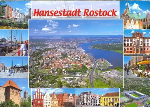 Ansichtskarte, Hansestadt Rostock, Luftbildansicht und 11 Teilansichten, 2011