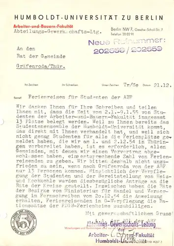 Anschreiben, Humboldt-Uni Berlin bzgl. Ferienreisen von Studenten der ABF, 1954