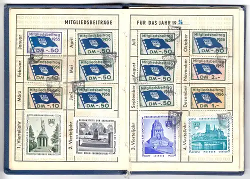 Früher FDJ-Ausweis mit Beitragsmarken, 1953 - 1963 + zwei Einlagen
