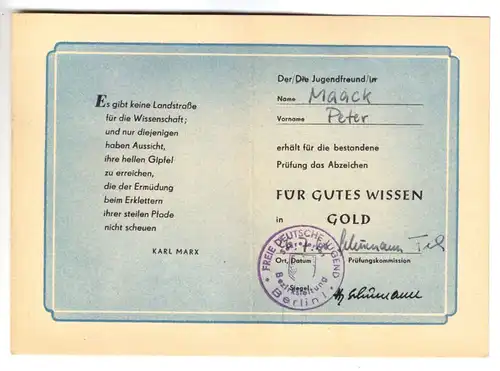 Urkunde, Abzeichen für Gutes Wissen in Gold, 1960, FDJ Bezirksleitung  Berlin