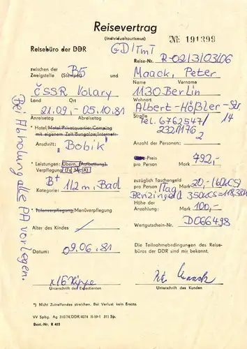 Drei Reiseverträge Reisebüro der DDR (2) u. Pragotur (1), 1980er