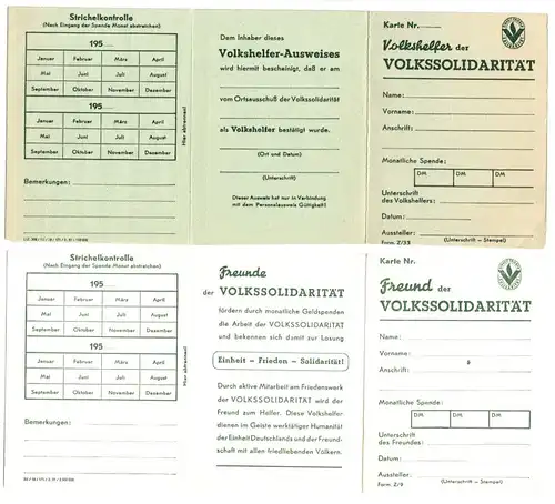 Zwei Mitgliedskarten blanko, Volkshelfer bzw. Freund der Volkssolidarität, 1951