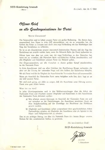 Brief der SED-Kreisleitung Arnstadt zur Führung der Nationalen Front, 1962