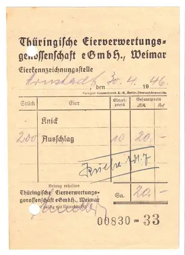Quittung, Thüringische Eierverwertungsgenossenschaft eGmbH Weimar, 30.4.46