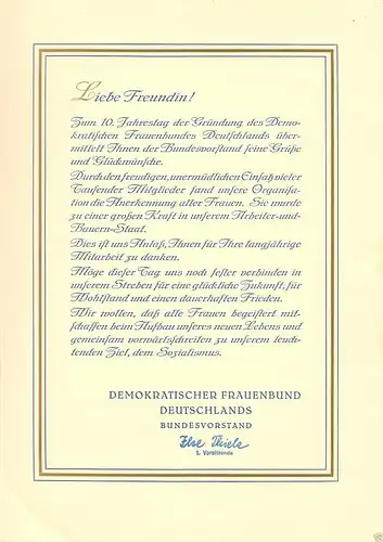 Ehrenurkunde der Bundesvorstandes, 10 Jahre DFD, 1947 - 1957