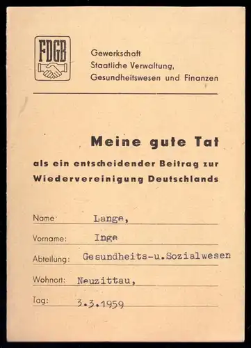 Tatenheft des FDGB, 1959, Bez. Frankfurt Oder