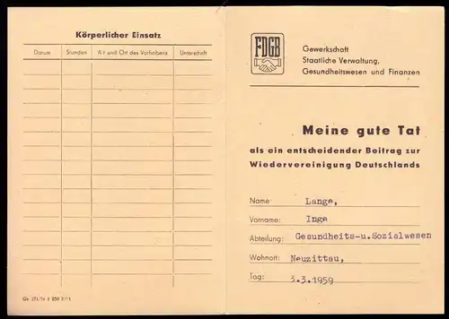 Tatenheft des FDGB, 1959, Bez. Frankfurt Oder